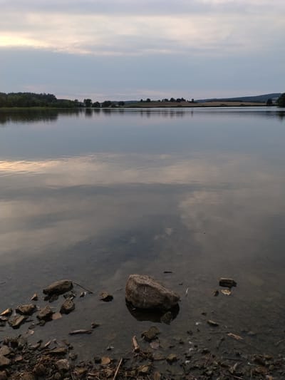 The image depicts a tranquil lake scene at dusk, located in Kestřany, Czechia. The foreground shows the rocky shore of the lake, with several stones and some scattered debris including leaves and twigs partially submerged in the shallow water. In the middle ground, the calm surface of the lake reflects the overcast sky and the distant treeline. The horizon is marked by a rolling landscape with trees and fields, suggesting a rural setting. The sky is filled with soft, diffused light, indicating the low position of the sun, possibly just after sunset. There are no people or animals visible in the frame, and the overall atmosphere is one of quietude and natural beauty.