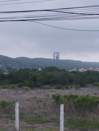The image shows a hazy, overcast day in Barquisimeto, Venezuela. In the distance, atop a hill, stands the Manto de María, a large monument depicting the Virgin Mary. The foreground contains dry grassland with sparse vegetation. A few white posts are visible along the bottom edge of the frame. Behind the grassland, a dense area of trees obscures the base of the hill. Buildings are visible among the trees, possibly residences. Power lines are strung across the top of the image, adding to the urban feel of the scene.