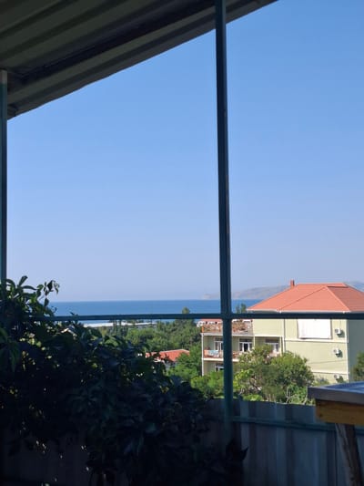 A view from an outdoor covered area, looking towards the sea. The foreground is dominated by dark green foliage, obscuring a portion of the view. Through the foliage and a dark metal railing, a light green building with an orange-tiled roof is visible. The building has multiple balconies and windows, with at least two air conditioning units attached to its exterior. Beyond the building, the blue sea stretches to the horizon, with a faint outline of a distant coastline visible under a clear blue sky. The overall scene suggests a coastal residential area.