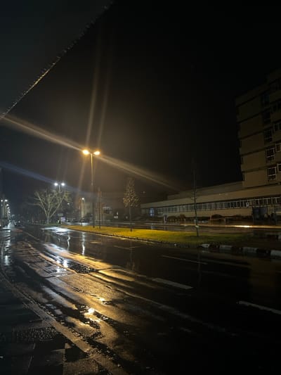 The image captures a nocturnal street scene in Schweinfurt, Germany, marked by a wet environment, likely after a recent rain. The primary illumination comes from streetlights, which cast significant lens flares and bright reflections across the damp surfaces.

On the left, a long, multi-story building, possibly industrial or commercial, extends horizontally. Its facade is punctuated by numerous windows, some showing interior lights. The sky above the building is dark and mostly featureless.

In the mid-ground, a strip of grass separates the building from a wet asphalt road. Several bare deciduous trees, indicative of winter or early spring, are sparsely distributed along this grassy median. Prominent yellow streetlights on tall poles are visible, with one in the foreground producing strong starburst flares and illuminating its surroundings. Further down, additional streetlights punctuate the darkness.

To the right, the wet asphalt road is highly reflective, mirroring the streetlights and building lights in elongated streaks and shimmering pools. Faint road markings are visible beneath the sheen of water. On the far right, a wet, textured sidewalk or curb area also reflects the light sources.

No people or vehicles are visible, and no specific event or activity is taking place, creating a quiet, atmospheric snapshot of an urban street at night. A dark fence or barrier is partially visible along the far left edge of the frame. There is no discernible text within the image.