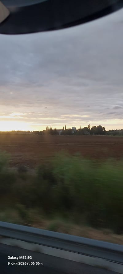 This is a photograph taken from a moving vehicle, likely a car or train, looking out over a rural landscape. The foreground is blurred due to motion, showing streaks of green vegetation and a dark gray guardrail. In the mid-ground, a brown, tilled field stretches across the frame, with a line of trees and buildings in the distance. The buildings appear to be low-rise structures, some with pointed roofs, possibly part of a village or farm. The sky is overcast with soft, diffused light, suggesting it is either dawn or dusk. The text overlay at the bottom of the image indicates the device used was a "Galaxy M52 5G" and the date and time are "9 June 2026, 06:56". The location is identified as Trouillas, France.