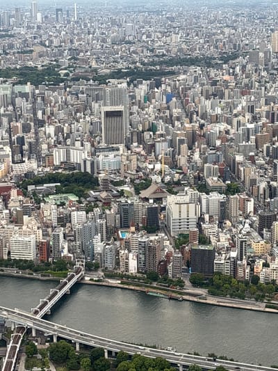 This is an aerial, high-angle, full shot of a densely populated urban landscape in Sumida, Japan, featuring a river and a sprawling cityscape. The foreground is dominated by the Sumida River, with a multi-tiered bridge system crossing it. The bridge on the left appears to be a railway bridge with two sets of tracks, while the bridge on the right is a highway bridge with multiple lanes of traffic and a few cars visible.
Beyond the river, the cityscape extends as far as the eye can see. Buildings of varying heights and architectural styles fill the frame, with a notable concentration of mid-rise and high-rise structures. Many buildings are constructed from concrete and glass, with a predominant palette of gray, white, and beige.
In the mid-ground, a cluster of traditional Japanese architecture with red-tiled roofs and ornate pagodas stands out amidst the modern buildings. This area appears to be a temple or shrine complex, surrounded by lush green trees, providing a stark contrast to the surrounding urban environment. In the distance, the city continues to stretch towards the horizon, with a hazy, overcast sky. No people are discernible in the image.