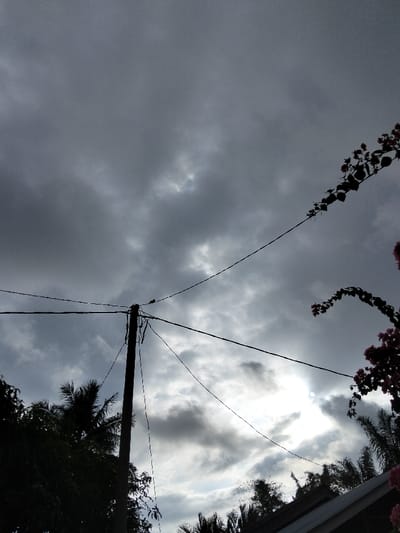 The image portrays an outdoor scene in Panton, Indonesia, dominated by an overcast sky. The upper two-thirds of the frame are filled with dense, dark grey cloud cover. Towards the lower right, brighter patches of cloud reveal a discernible circular light source, consistent with the sun, breaking through. A dark, weathered utility pole stands slightly left of the image's vertical center, supporting multiple intersecting black utility lines that traverse the sky. Silhouetted tropical foliage, consistent with palm trees, occupies the lower left and bottom edge of the frame. In the upper right quadrant, a flowering vine with dark leaves and clusters of small, pinkish-red blooms is visible against the cloudy sky. A light-colored roofline is partially visible in the lower right corner. No people, subjects, actions, or interactions are depicted.