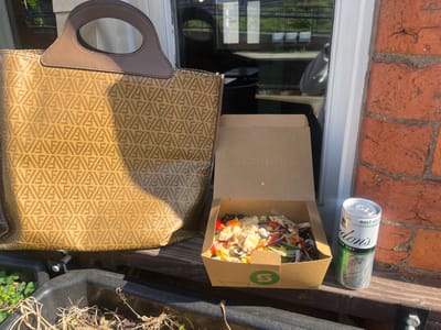 The image depicts an outdoor scene, likely on a sunny day in Trafford, United Kingdom, with a casual meal set on a wooden ledge. On the left, a large, beige tote bag with light brown leather handles features a repeating geometric pattern of stylized "FA" or "FɅ" monograms. Next to the bag is an open cardboard box containing a vibrant salad with mixed greens, red onions, bell peppers, corn, olives, and what appears to be chicken or cheese. The box bears a prominent green "Subway" logo.
To the right of the salad, a silver can of "Gordon's London Dry" gin and diet tonic stands on the ledge. Visible text on the can includes "CHILL ME," "ONLY £2.19," and "PROMOTIONAL PRICE." The background features a large window or glass door, reflecting blurred elements, possibly benches and distant greenery, suggesting a public or commercial setting. To the far right, a red brick wall with visible mortar lines completes the backdrop. In the immediate foreground, a dark planter holds dry straw and some small green sprouts. The bright sunshine indicates a clear day, casting distinct shadows and highlighting the textures of the brickwork, bag, and salad ingredients. The arrangement suggests a takeaway meal being enjoyed outdoors.