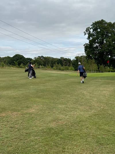 A grassy field stretches out under a cloudy sky, bordered by trees. Two people are walking across the field, carrying golf bags. The upper person is wearing a blue shirt, white hat, and black shoes. A red flag is faintly visible in the distance near a large tree. A power line is on the left side of the image.