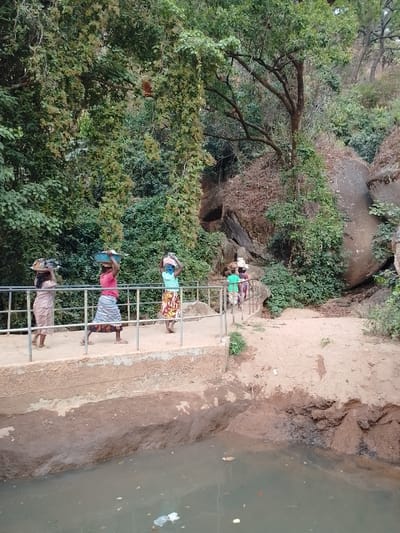 The image captures an outdoor scene featuring a group of individuals, predominantly women, traversing a concrete pathway in a natural environment.
In the foreground, a murky body of water, possibly a pond or a section of a river, occupies the bottom portion of the frame. Visible within this water are pieces of litter, including plastic bags and other debris. Above the water, a raised concrete walkway with a silver metal railing extends from the left side of the image towards the right, curving slightly upwards.
Several people are walking on this pathway, moving from left to right. There are at least five individuals visible, and they are all carrying baskets or containers balanced on their heads. The individuals are dressed in everyday clothing; for example, the person second from the left wears a pink top and a patterned skirt, while the one to their right wears a light blue top and a distinctively patterned skirt. Their posture indicates they are accustomed to carrying loads in this manner.
The background is dominated by lush green vegetation, consisting of numerous trees and dense foliage, including vines hanging down, particularly on the left side of the frame. Large, weathered rock formations and boulders are prominent on the right side and in the deeper background, suggesting a hilly or rocky landscape. The ground adjacent to the pathway on the right is a dirt or sandy bank.
The lighting suggests it is daytime, likely during clear weather, as there are no strong shadows or overcast conditions. The overall impression is one of daily activity in a natural, somewhat rugged setting, possibly in a rural or semi-rural area where head-carrying is a common mode of transport. No discernible text is visible in the image.