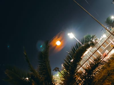 A night shot captures a full moon in a dark sky, partially obscured by wispy clouds. The moon is a bright, circular light source with a reddish-orange hue and a halo effect. In the foreground, palm fronds are silhouetted against the sky. To the right, a brightly lit structure, possibly a stadium or arena, is visible with rows of lights. Streetlights are also present in the scene, emitting a strong, starburst-like glow. The overall impression is of a nighttime scene in a public space, possibly an outdoor event venue, with a prominent moon and surrounding artificial lighting. The location is identified as Rimini, Italy.