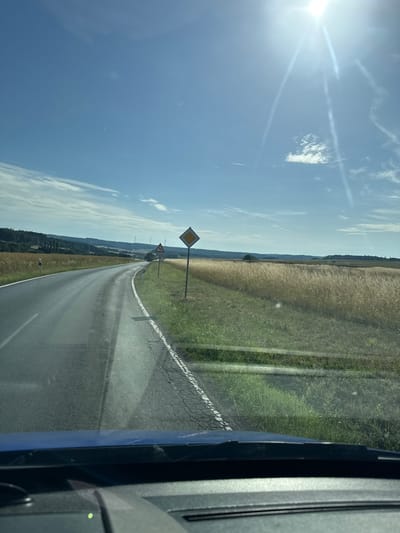 The image depicts a rural road in Oberwetz, Germany, on a sunny day. The perspective is from inside a vehicle, looking forward through the windshield. The road curves to the left, with a dry, tall grassy field on the right side. In the distance, rolling hills covered with trees and some wind turbines are visible under a bright blue sky with scattered white clouds. Several road signs are present along the right side of the road, including a diamond-shaped sign with a yellow center and a white border, indicating a priority road. A triangular warning sign with a red border and a symbol of a pedestrian crossing is also visible. The sun is high in the sky, casting bright light and lens flares. The lower portion of the image shows the dashboard and the blue hood of the vehicle.