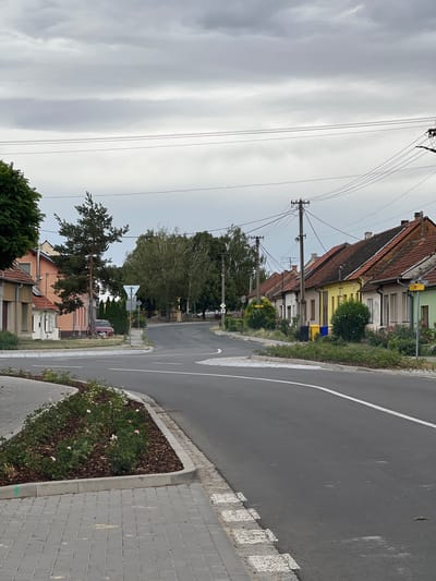 The image depicts a view of a street in the city of Žatčany, Czechia. The street is paved and curves to the right. The sky is overcast with gray clouds. On the left side of the street, there is a sidewalk made of interlocking gray pavers. Adjacent to the sidewalk is a raised garden bed filled with mulch and small pink and white flowers. Beyond the garden bed, there is a building with an orange facade and white trim. A large pine tree stands to the right of this building. Further down the street on the right side, a row of houses with tiled roofs are visible. These houses are painted in various colors including yellow, white, and green. Telephone poles with numerous wires are present along the street. In the distance, a traffic sign and a statue of a religious figure on a pedestal are visible. A red car is parked on the side of the road near the pine tree. Two trash bins, one blue and one yellow, are placed near the houses on the right. The overall scene suggests a residential area in a European town under cloudy weather conditions.