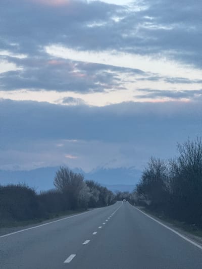 The image presents a forensic view of an asphalt road at twilight, located near Novi Chiflik, Bulgaria. The road, featuring white dashed lane markings in the center and solid white lines along the shoulders, recedes straight into the distance, occupying the lower third of the frame. On both sides, dark, leafless deciduous bushes and trees line the roadway, with some trees exhibiting lighter-toned blossoms or new foliage, particularly on the left. In the far distance, a single vehicle is visible traveling away from the camera, marked by two illuminated red taillights centered on the road. Beyond the immediate vegetation, hazy, blue-grey mountains with lighter, possibly snow-capped peaks are discernible. The upper two-thirds of the image are dominated by an overcast sky composed of layered grey and light blue clouds, interspersed with faint patches of pink and orange light, consistent with either sunrise or sunset. No individuals are present in the scene.