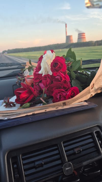A bouquet of red and white roses rests on a stack of papers on the dashboard of a car. The papers are layered, with a blue binder at the bottom. A portion of a newspaper is visible, its text partially obscured. In the background, through the car's windshield, two industrial chimneys with smoke plumes are visible against a hazy sky, suggesting a power plant in the distance. The scene appears to be captured during daytime, possibly late afternoon, given the lighting. The car's interior is visible in the foreground, with black plastic detailing and an air vent. The road and a tree line are discernible outside the car. The location is specified as Урыцкі сельскі Савет, Belarus.