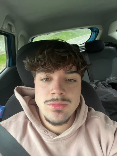 A single male subject, estimated to be in his mid-20s, is seated in the front passenger seat of a vehicle, captured in a close-up, chest-up view. He possesses dark, wavy hair, brown eyes, a mustache, and a goatee. The subject is wearing a light pink hooded sweatshirt, secured by a dark seatbelt across his chest, which features a red and blue "Sparco" tag. His lips are full, and a faint reddish mark is present on his central forehead. The vehicle's interior includes a dark gray seat and headrest, with blue trim visible near the left side window. Through the blurred rear window, a road with a white line and green vegetation is discernible, indicating the vehicle is in motion. A dark, possibly fabric, object rests on the rear seat. The visual evidence within the image does not provide specific landmarks or identifiers to determine the precise location within Lamego, Portugal.