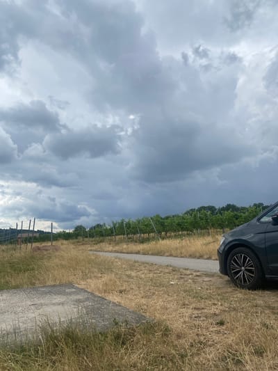 The image depicts a rural landscape on an overcast day in Löchgau, Germany, likely within or adjacent to a vineyard. In the foreground, a dry, grassy field is partially occupied by a concrete slab and dry vegetation. A dark-colored car is parked on the right side of a paved path that curves through the scene. Beyond the path, rows of green grapevines are visible, supported by trellises, stretching towards a line of trees in the distance. The sky is dominated by dramatic, dark clouds, suggesting an impending storm or recent rainfall. The overall environment is agricultural and appears to be situated in a hilly or sloped terrain.