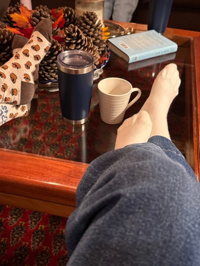 The image displays an indoor scene focused on a glass-topped coffee table and the lower extremities of two individuals. The table features a polished wooden frame, likely mahogany-stained, and rests on a floor covered by a red patterned rug with repeating geometric or stylized plant motifs in gold and dark accents.
On the table's surface, from left to right, are: a dark blue insulated tumbler with a metallic base and a clear plastic lid, an empty white ceramic mug with horizontal ridges and a handle, and a decorative arrangement of natural pinecones intermingled with artificial autumn leaves (orange, yellow, red) presented on a blue and white patterned dish. Further back, a light blue hardcover book lies flat on the glass, and a glass jar candle is partially visible in the upper background.
Two sets of human feet are present. To the left, one foot, clad in a beige sock adorned with repeating brown cartoon animal faces, is visible, appearing to rest on an elevated surface off-frame. To the right, a second pair of feet, wearing plain light beige socks, is crossed. These feet are partially obscured by a leg dressed in blue, faded denim-like fabric, which is resting horizontally on the wooden edge of the coffee table.
The image does not contain specific visual cues to confirm its location as Huasca de Ocampo, Mexico, but depicts an interior environment consistent with a residential or hospitality lounge area.