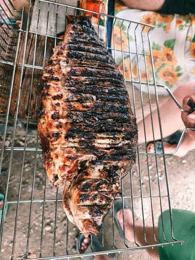 An overhead, close-up shot captures a whole, grilled fish resting on a metal barbecue grate. The fish, with its skin charred and flaky, appears to be positioned for cooking or serving. The grate itself is made of thin, parallel metal bars, supporting the fish evenly. Below the grate, a rough, textured surface, possibly dirt or gravel, is visible. In the background, partially obscured, are elements suggesting an outdoor setting: a wooden surface, the legs and feet of individuals, and a piece of fabric with a floral pattern. The lighting is natural, indicating daylight. The image is devoid of any specific landmarks or indicators that would place the scene in Nevinnomyssk, Russia, or any other particular city.