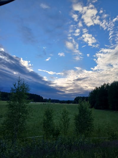 A landscape photograph depicts a field under a dramatic sky with scattered clouds. The field is green and appears to be a meadow or pasture, with several trees in the foreground and a dense line of trees forming the horizon. The sky is a vibrant blue, with streaks of white and gray clouds, some of which are illuminated by sunlight, suggesting either sunrise or sunset. The overall impression is one of natural beauty and tranquility. The location is identified as Hankasalmi, Finland, which is known for its natural landscapes.