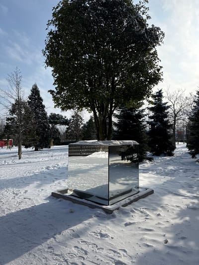 The scene depicts a snow-covered outdoor area in the city of Plodorodny, Russia, under a bright, clear sky with scattered thin clouds. The central subject is a freestanding, rectangular prism-shaped structure, approximately 1.5 meters tall, clad entirely in highly reflective mirror panels. This structure is positioned on a dark, flat base, which is partially covered by snow. A light dusting of snow is also present on the top surface of the mirrored object. Its reflective surfaces capture and distort the surrounding environment, including the snow-covered ground, nearby trees, and the sky.
The ground is uniformly covered in fresh snow, with discernible footprints forming a path on the left side of the frame, leading towards and past the mirrored structure. Long shadows are cast across the snow by the structure itself and the surrounding trees, indicating a low sun angle.
In the midground, directly behind the mirrored object, stands a large tree with dense, dark green foliage, lightly dusted with snow. To the left and right, a mix of bare deciduous trees and dark green coniferous trees are present, also showing a light snow cover. The background extends into a park or wooded area with more trees. No individuals, animals, or specific actions are observed within the frame.