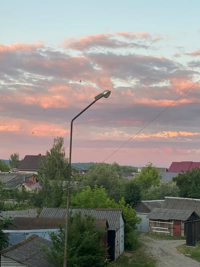 The image depicts a twilight scene over a village in Khust, Ukraine. A tall, dark lamppost with a single light fixture dominates the foreground, positioned to the left of center. The sky above is a soft blend of pale blue and pink, with wispy clouds catching the last light of the setting sun. Several small, dark birds are visible in flight against the colorful sky.
Below the sky, the midground and background are filled with a dense arrangement of trees and buildings. A variety of rooftops are visible, many covered with corrugated roofing material. Some buildings appear to be sheds or outbuildings with simple wooden construction, while others are more substantial houses with darker tiled roofs. Green foliage from numerous trees is interspersed among the structures, creating a lush, somewhat overgrown appearance. A dirt or gravel path is visible in the lower right portion of the image, leading between some of the outbuildings. In the distance, a hint of rolling hills can be seen under the twilight sky.