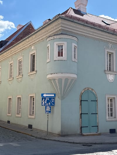This detailed image depicts a two-story building situated at a street corner in Petrovaradin, Serbia, under clear daylight. The building's facade is a pale teal-blue, contrasting with a reddish-brown tiled hip roof. White decorative friezes and cornices run along the roofline, below which dark gutters are visible.
A prominent feature is a corner oriel window (or turret-like projection) on the first floor, supported by a white fluted corbel. This oriel section contains three white-framed windows. Below the oriel, at street level, is an arched double-leaf wooden door, painted in the same teal-blue as the building, secured with black metal hinges.
The building exhibits numerous white-framed rectangular windows. On the first floor, five windows are visible, some featuring elaborate white relief ornamentation below them. The ground floor displays three similar rectangular windows to the left of the corner door, with two small, dark rectangular ventilation grates or openings in the wall below them. Another white-framed window is visible to the right of the corner door.
In the foreground, a blue rectangular street sign is mounted on a slender metal pole. The sign displays a white left-pointing arrow above pictograms of a car, a pedestrian, a child, and a house, indicating a shared space or a zone with specific traffic regulations. A smaller, partially obscured blue sign is positioned beneath it.
The street surface in the immediate foreground consists of cobblestones, transitioning to asphalt closer to the building. A narrow concrete sidewalk, defined by a light-colored curb, runs along the building's base. A storm drain grate is visible in the asphalt near the corner. The sky above is clear blue with some scattered white cumulus clouds. No people or active interactions are present in the scene.