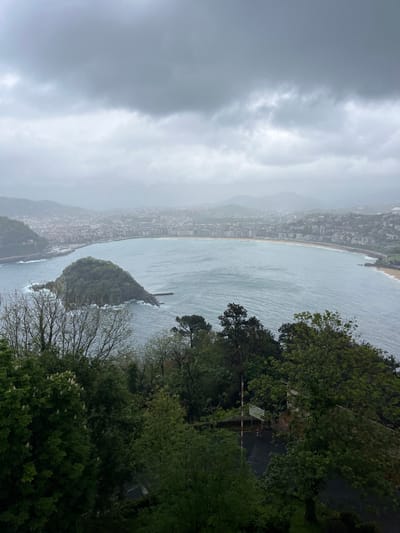 The image shows a view from a hilltop overlooking the bay of Donostia, Spain. The location is at the coordinates 43.321° N, 2.009° W. The bay is filled with water and partially encircled by the city. A small island is visible in the bay. The view is dominated by lush greenery and trees. The sky is overcast with gray clouds. No people are visible.