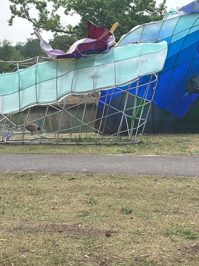 A medium shot captures a large, colorful sculpture partially submerged in water and resting on a grassy area near a body of water. The sculpture is abstract and features segments of iridescent blue and green fabric stretched over a metal frame, with a purple and red curved element at the top. A goose stands on the grassy bank between the sculpture and the water. The background includes trees and the sky. A paved path runs in the foreground of the image. The scene appears to be outdoors in a park or public space. The specific location in the Town of Riverhead, United States of America is unknown.