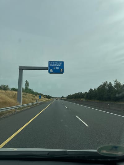 The image depicts a highway scene under an overcast sky. A blue overhead road sign is visible, indicating "Cill Chainnigh KILKENNY N10 9" with an arrow pointing left. The road is asphalt with yellow and white lines marking the lanes. Guardrails and dry grass line the left side of the road, with trees and vegetation in the background on both sides. A few cars are visible in the distance on the highway. The photograph appears to be taken from the perspective of a vehicle driving on the highway. This scene is consistent with a location on the N10 road leading towards Kilkenny, Ireland, as indicated by the signage.