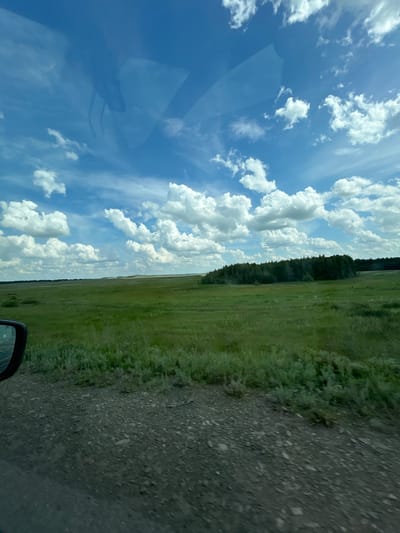 This is a wide-angle, eye-level, outdoor photograph taken from a vehicle, likely on a dirt road, in the city of Ishmurzino, Russia. The foreground is dominated by a rough, gravelly dirt road, with a rearview mirror from the vehicle visible on the far left. Beyond the road, a vast, flat, green grassland stretches to the horizon. In the mid-ground, a dense cluster of dark green trees forms a line across the landscape. The sky is a bright blue, filled with numerous fluffy white cumulus clouds. The overall impression is one of a rural, open landscape under a cloudy sky.