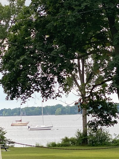 The image depicts a serene waterscape scene, likely within the city of Baie-D'Urfé, Canada, given its waterfront and lush vegetation. In the foreground, a well-maintained grassy area is visible, bordered by a dark chain-link fence. To the left, a picnic table with a black frame is partially visible. Behind the fence, the tranquil waters of a lake or bay stretch towards the horizon. Two sailboats are anchored on the water. The larger sailboat, to the right, is white with a single mast and a visible outboard motor. The second sailboat, to the left, is smaller and features a tan hull and a single mast with sails partially furled. The background is characterized by a dense line of trees and foliage, suggesting a heavily wooded shoreline. The sky above is overcast, contributing to the soft, diffused lighting of the scene. The overall atmosphere is peaceful and natural, with the sailboats suggesting recreational activity on the water.