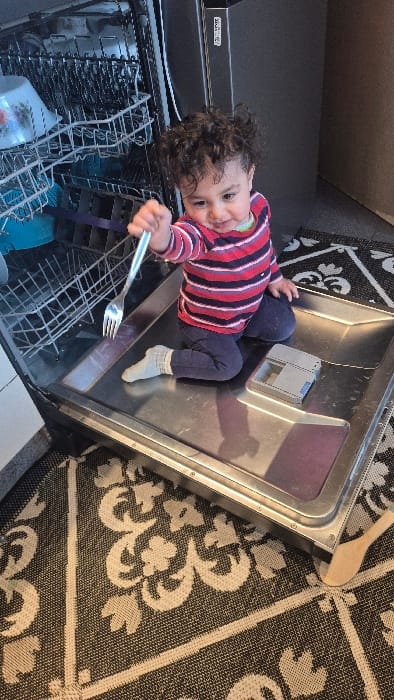The image depicts an indoor scene, likely a kitchen, located in Melle, Belgium. A toddler, with dark, curly hair and wearing a red and white striped long-sleeved shirt, dark blue pants, and light grey socks, is seated cross-legged on the horizontally open door of a dark-colored dishwasher. The toddler's right hand is raised, holding a silver metal fork that points upwards and slightly to the left. The interior of the dishwasher is visible, displaying metal racks containing a white bowl with a floral design and several blue dishes. The dishwasher's detergent dispenser, grey and open, is positioned to the right of the toddler on the appliance door. To the immediate right of the dishwasher is a dark-colored refrigerator or similar tall appliance. The floor is covered by a dark grey patterned rug featuring cream-colored floral and scrollwork motifs. A wooden utensil handle is partially visible on the rug in the bottom right corner of the frame. A plain light brown wall or door frame is present in the background on the far right.