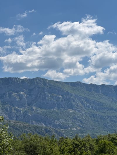 The image depicts a mountainous landscape under a partly cloudy sky, likely taken in the vicinity of Cerovo, Montenegro. The foreground is dominated by lush green trees, forming a dense foliage line across the bottom of the frame. Behind the trees, the imposing grey, rocky slopes of a mountain rise, textured with crevices and sparse vegetation. The upper portion of the image is filled with a vibrant blue sky, punctuated by numerous white, fluffy clouds. The overall scene is one of natural grandeur, with no people, objects, or actions visible.