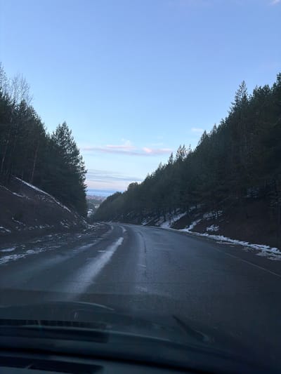 The image depicts a road winding through a forest in Дулесово, Russia. The road surface is dark and appears wet or icy. Dense evergreen trees line both sides of the road. The sky is light blue with some faint clouds visible. In the distance, a small settlement or town can be seen. The photo is taken from inside a vehicle, with a portion of the dashboard or interior visible in the foreground.