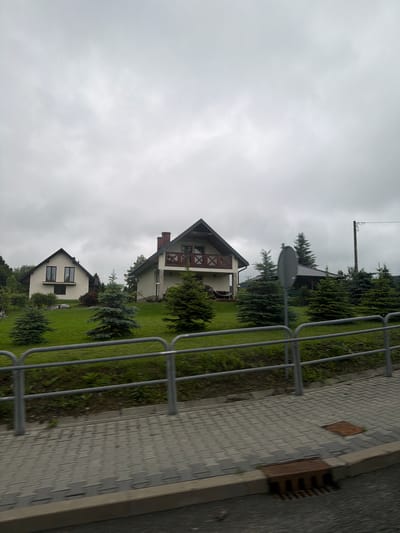 The image depicts a street scene in Wilkowisko, Poland, under an overcast sky. Two houses are visible on a grassy slope behind a metal railing. The house on the left is a light-colored, two-story structure with a dark roof and two windows on the upper level. The house on the right is also two-story with a dark roof and a balcony with wooden railing on the upper level. Several evergreen trees are planted in front of the houses. A sidewalk made of interlocking gray and light gray pavers runs along the bottom of the image, bordered by a curb. A metal grate with a brown lid is set into the sidewalk. A dark road is visible in the foreground.