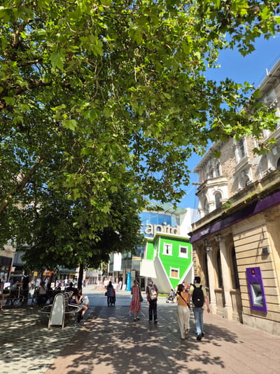 A street scene in Cardiff, United Kingdom, shows people walking on a brick-paved sidewalk with the side of buildings on one side and trees on the other. One building has a bright green architectural element and a purple ATM is set into the side of a stone building. Some of the people on the sidewalk have bags, and some are looking at or using mobile phones. A tree with green leaves frames the left side of the image, obscuring some of the buildings. There are tables and chairs on the side near the tree.