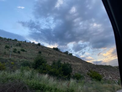 The image depicts a sloped, vegetated landscape under a partially overcast sky, consistent with conditions at dusk or dawn, with the location identified as Balgarchevo, Bulgaria. The perspective is from a low vantage point, possibly from within a vehicle, indicated by a dark, curved vertical frame element present along the far right edge of the composition.

A prominent hill occupies the mid-ground, sloping upwards from the left foreground towards the right. The lower and mid-sections of this hill are densely covered with various types of green vegetation, including shrubs, tall grasses, and small trees. Patches of drier, yellowish-brown grass are interspersed, particularly on the upper portions of the slope. Towards the center and right side of the hill, exposed rock formations and scattered loose stones are visible. Multiple slender, grey utility poles, some equipped with lamps, are spaced at regular intervals along the ascending slope. The immediate foreground is dominated by a dense accumulation of green foliage, including herbaceous plants and some visible dry, thorny branches.

The upper half of the frame is filled with a sky layered with clouds, which exhibit a range of blue and grey tones. Towards the right side and lower horizon, brighter, warmer light, tinged with golden and orange hues, emanates from behind the clouds, suggesting the position of the sun. Smaller, distinct white clouds are observable against the darker cloud mass in the upper left quadrant. No individuals or clearly identifiable animals are discernible within the frame.