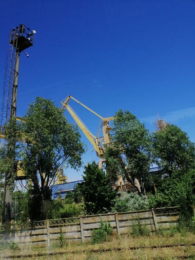 The image depicts a bright, clear day with a vibrant blue sky above a port or industrial area. In the foreground, a weathered concrete fence runs horizontally, with dry grass and what appear to be railroad tracks in front of it. Behind the fence, lush green trees partially obscure industrial equipment. Prominently featured are large yellow cranes, one with a distinctive angled boom, and a tall, grey concrete tower with a ladder and lighting fixtures. The overall impression is of an active industrial site set against a natural backdrop of trees and a clear sky. The scene is located in the port area of the seaside resort of 2 Mai, Romania, known for its fishing and maritime activities. There are no people or animals visible in the frame.