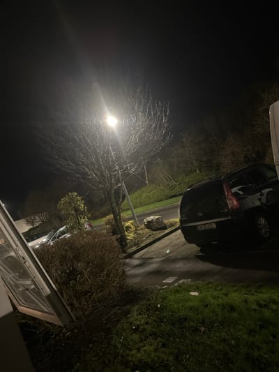 The scene depicts an outdoor nightscape within a residential or commercial area of Galway, Ireland. A white window frame, slightly ajar, occupies the lower left foreground, opening inward over a dense, dark brown deciduous bush. Beyond the bush, a paved pathway or driveway shows reflections from a central, bright streetlamp positioned on a pole, casting light across a bare deciduous tree with intricate branching. A large, light-colored boulder rests on a small grassy verge beside the paved area, near the base of the streetlamp.
A black Citroën C4 Picasso MPV (Multi-Purpose Vehicle) is parked on the paved surface to the right, facing away from the viewer. Its rear license plate, "08-CE-372," is visible, indicating a County Clare registration from 2008. A partial view of a white vehicle, likely a van, is on the far right edge. Further in the background, along a slight incline, two other parked cars are partially discernible. The background features a dark sky, with rolling grassy terrain and additional bare trees and bushes visible under the streetlamp's illumination and reflected light. No individuals are present in the image.
