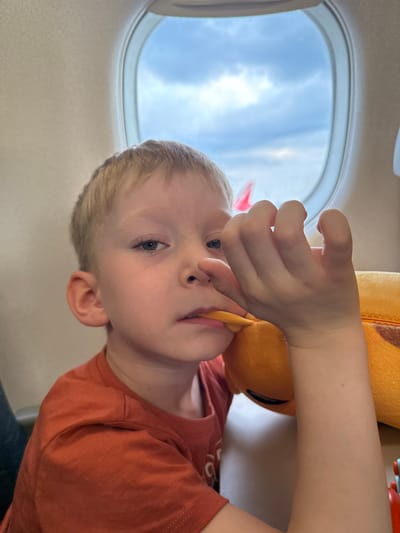 A young boy with blond hair is sitting in an airplane seat, with a window to his right showing a cloudy sky. He is wearing an orange t-shirt and has his hand in his mouth, holding onto a yellow stuffed animal. The boy is looking towards the camera with a slightly serious expression. The image appears to be taken from a low angle. The location is not specified as Bol'shie Kabany, Russia.
