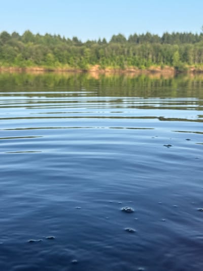 The image captures a serene natural scene at the Vyatka River near Slobodskoy, Russia. The foreground is dominated by the dark blue, rippling surface of the river, with subtle reflections of the sky and faint lines of ripples extending across the frame. A few small bubbles are visible on the water's surface. In the mid-ground, the river reflects a distant tree-lined bank. The bank itself is densely covered with green trees, creating a lush backdrop. The sky above is a clear, pale blue. The overall impression is one of tranquility and natural beauty.