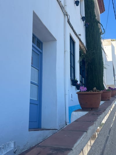 This is an upward-angled, outdoor shot of a white building in Sant Pol De Mar, Spain, on a sunny day. The building has a blue-framed window with panes that appear to have blinds or curtains behind them. Above the window, the building's facade is white. Further up, there are two black-framed windows. A thick green vine covers a section of the building above these windows. Flower pots, containing purple flowers, are attached to the building's exterior. The sidewalk, with a brick-like edge, is seen at the top of the image. The sky is visible in the upper left corner, indicating clear weather. Electrical cables run along the building's exterior. The overall impression is of a typical residential building with traditional Spanish architectural elements.