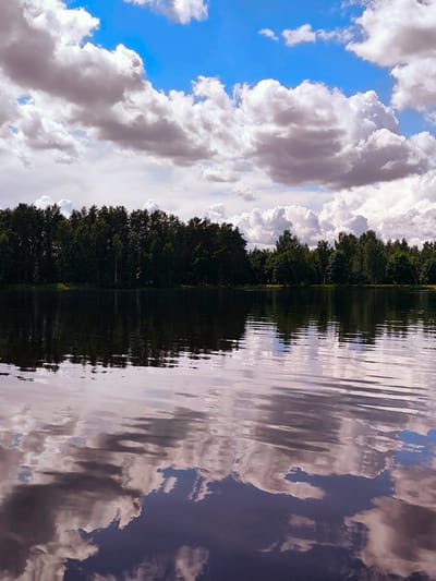 The image depicts a body of water reflecting a treeline and a cloudy sky. The treeline consists of dense, dark green trees, likely deciduous, forming a solid wall of foliage. Above the trees, the sky is a vibrant blue with numerous white and gray clouds, some of which appear puffy and dramatic, while others are wispy. The water's surface is rippled, creating distorted reflections of both the trees and the sky. The scene suggests a natural, possibly park-like, environment. There are no people, animals, or man-made structures visible. The location is identified as Vecumnieki, Latvia, indicating a specific geographical context.