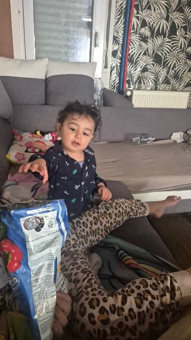 An indoor scene features a young child, approximately a toddler, with dark, curly hair and light complexion, seated upright on a grey sectional sofa. The child wears a navy blue long-sleeved shirt with a light-colored pattern and faces forward with a slightly open mouth, extending their left hand towards a blue and white bag of Lay's potato chips in the foreground. This snack bag partially obscures the lower body of a second individual, whose legs are clad in leopard-print leggings, also seated on the sofa and supporting the child. A multi-colored blanket or throw is draped over the second individual's legs, and their bare feet are visible.
Behind the child, a patterned pillow featuring a floral or abstract design, topped with a Mickey Mouse plush toy, rests on the sofa. To the child's right, a clear plastic water bottle and some crumpled white material are present on the grey sofa cushion. The background reveals a large window or glass door, providing an obscured view to the exterior. Adjacent to the window on the right, a wall is covered with dark wallpaper adorned with a white palm leaf pattern. Two vertical pipes, one red and one blue, are mounted on this wall above a white radiator. No specific visual identifiers for a location within Melle, Belgium, are present in the image.
