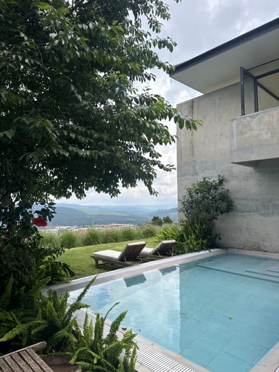 This is a medium-shot, eye-level, exterior photograph of a modern villa with a swimming pool, set against a hilly landscape. In the foreground, a light blue swimming pool with white tiling occupies the lower right portion of the frame. To the left of the pool, a wooden deck is visible, with part of a wooden lounge chair peeking into the frame. Lush green ferns grow along the edge of the pool and deck.

Behind the pool, on a manicured lawn, are two empty light-colored lounge chairs positioned facing the distant view. A large, leafy green tree with dark leaves dominates the left side of the image, casting shadows over the lawn and partially obscuring the view. A single red flower is visible on the tree branch on the far left.

The background features rolling hills covered in green vegetation, with some buildings and structures visible in the middle ground. The sky is overcast with scattered clouds. To the right of the frame, a large concrete structure, characteristic of modern architecture, with clean lines and minimal ornamentation, rises up, with a cantilevered upper level and glass elements. The overall impression is one of a serene, contemporary retreat overlooking a natural landscape. The location is identified as Đa Lộc, Vietnam.