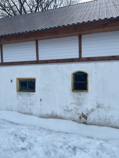 The image depicts the exterior of a building in Morskoye, Russia, under overcast winter conditions. The lower section of the building features a white, weathered stucco or plaster wall, showing extensive discoloration, cracks, and a visible patch of exposed red brick near the bottom right. Two small, recessed windows are present in this wall: a rectangular one on the left and an arched-top one on the right. Both windows have dark panes and are framed by light yellow trim; the arched window also exhibits faded blue-green accents. Small, dark metal protrusions are affixed to the white wall, one to the left of the rectangular window and another between the two windows. Above the white wall, an upper facade section consists of horizontal white siding panels compartmentalized by dark brown wooden beams. The building is topped with a dark, corrugated metal roof. The ground in the foreground is covered by an uneven bank of dirty snow and slush. Bare tree branches are visible against the sky above the roofline. No individuals or active subjects are present.