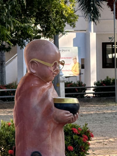 A statue of a young monk wearing large, yellow, round-rimmed glasses stands in profile. The statue is wearing an orange robe and holding a dark bowl with a gold rim in both hands. The statue is positioned outdoors in front of a white building with a dark-framed window. Behind the statue, a sign with Thai text and an image of a monk in yellow robes is visible. There are green bushes with red flowers in the foreground. The ground appears to be sand and dirt. The location is Baan Tha Po, Thailand.