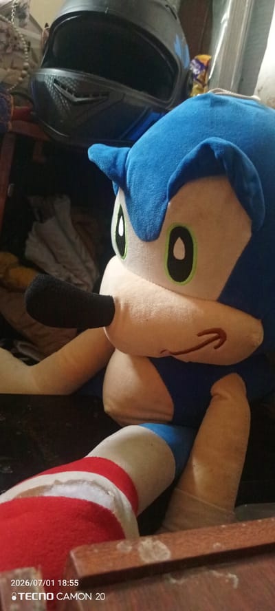 This media file is a close-up, eye-level, indoor photograph featuring a large plush toy of the character Sonic the Hedgehog. The toy is the primary subject and is positioned prominently in the foreground, facing towards the left of the frame. Its bright blue fur, signature ear spikes, and white muzzle are clearly visible. The toy's large green eyes with black pupils are also a focal point, giving it a somewhat startled or intense expression.

Behind the Sonic plush, the background is dark and somewhat cluttered, suggesting an indoor setting like a room or closet. A black motorcycle helmet with blue accents is partially visible in the upper left corner. Other indistinct objects, possibly clothing or fabric, are stacked or draped in the background. The lighting appears to be artificial, casting shadows and highlighting the textures of the plush toy.

The overall mood of the image is casual and informal, likely a personal snapshot. There are no discernible people or animals actively interacting with the toy. The activity, if any, is static, with the toy simply positioned within the frame.

Notable details include a timestamp and text overlay in the bottom left corner of the image: "2026/07/01 18:55" and "TECNO CAMON 20". This indicates the date and time the photo was taken, as well as the model of the phone used. The date suggests a future event, but this is likely an artifact of camera settings.

The location context provided is Kulunda, Russia. However, there are no specific visual cues within the image that would definitively confirm this location. The scene is generic enough to be found in many indoor environments.