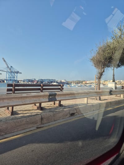 The image depicts a waterfront view in Birżebbuġa, Malta, characterized by a clear blue sky and calm water. In the foreground, a metal guardrail runs horizontally across the scene, with a sidewalk paved with interlocking bricks situated behind it. A wooden bench is visible on the sidewalk. A young olive tree with sparse foliage stands to the right of the bench, beside a lamppost on a white pedestal. Beyond the guardrail and water, a busy port is evident, featuring numerous large blue cranes, shipping containers, and several boats and yachts. The background reveals the cityscape of Birżebbuġa with its buildings. Reflections on the glass in the foreground suggest the photo was taken from inside a vehicle.