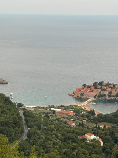 This is an aerial, rotated photograph of a coastal landscape. The scene features a body of water, likely the Adriatic Sea, on the left side of the image. A small island, densely populated with red-roofed buildings, is connected to the mainland by a causeway or bridge. The island appears to be an old town or village, with narrow streets and tightly packed structures.

On the right side of the image, a lush green hillside is covered in dense trees and foliage. A winding road snakes its way up the hillside, with a few cars visible. Several white buildings with red roofs are nestled among the trees, suggesting a resort or residential area. Small boats are scattered across the water, and a few people can be seen on the causeway.

The sky is overcast and a pale gray, suggesting it may be early morning or late afternoon, or simply a cloudy day. The overall impression is one of a serene and picturesque coastal setting, likely a popular tourist destination. The location appears to be a peninsula or island with a historic settlement, surrounded by natural beauty and modern development. There is no visible text in the image.