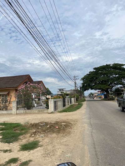 The image captures a street scene in Landuh, Indonesia, on a cloudy day. In the foreground, a dirt and gravel area with patches of grass and scattered debris is visible on the left side. A residential property is bordered by a fence, featuring a house with an orange-toned exterior and a brown tiled roof. A vibrant pink flowering tree is prominent in the yard. The street itself is paved and curves to the right. On the right side of the street, a large, mature green tree with a wide canopy dominates the landscape. Further down the road, there are small buildings, some with blue and red awnings, and several motorcycles are visible, indicating local activity. Power lines are strung across the sky, supported by utility poles. A black pickup truck is parked on the right side of the road near the foreground.
