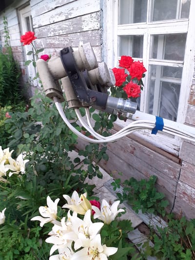 The image depicts a close-up view of a satellite dish converter with multiple LNBs (Low-Noise Block downconverters) mounted on a weathered wooden wall of a building. Red roses and white lilies are blooming in the foreground, with green foliage surrounding them. A white window frame with multiple panes is visible in the background. The building appears to be a rural or older structure, with peeling paint on the wooden siding. The scene is set outdoors, with natural light illuminating the area. The image does not contain any people or animals. The location is identified as Deremezna, Ukraine.