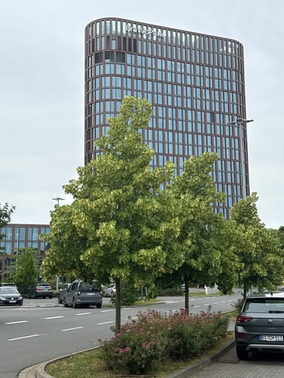 The image captures a street view in Brunswick, Germany, with a prominent modern office building in the background. The building features a curved facade with numerous windows and a dark brown, grid-like exterior. The name "BraWoPark" is visible in white lettering at the top of the building. In the foreground, several trees with lush green and yellowing foliage line the street. A parking lot is visible with cars parked, including a dark gray Volkswagen T-Roc with the license plate "BS CM 511" parked on the right side of the frame. The street is paved and has white lane markings. Pink flowering bushes are situated along the curb. The sky is overcast.